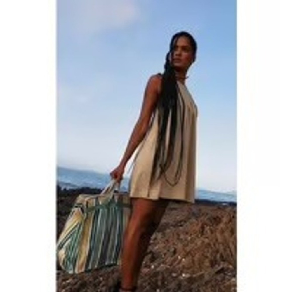 Free People Mini Dress Womens Salt Marsh M Tan Pleated Cotton OB1164929